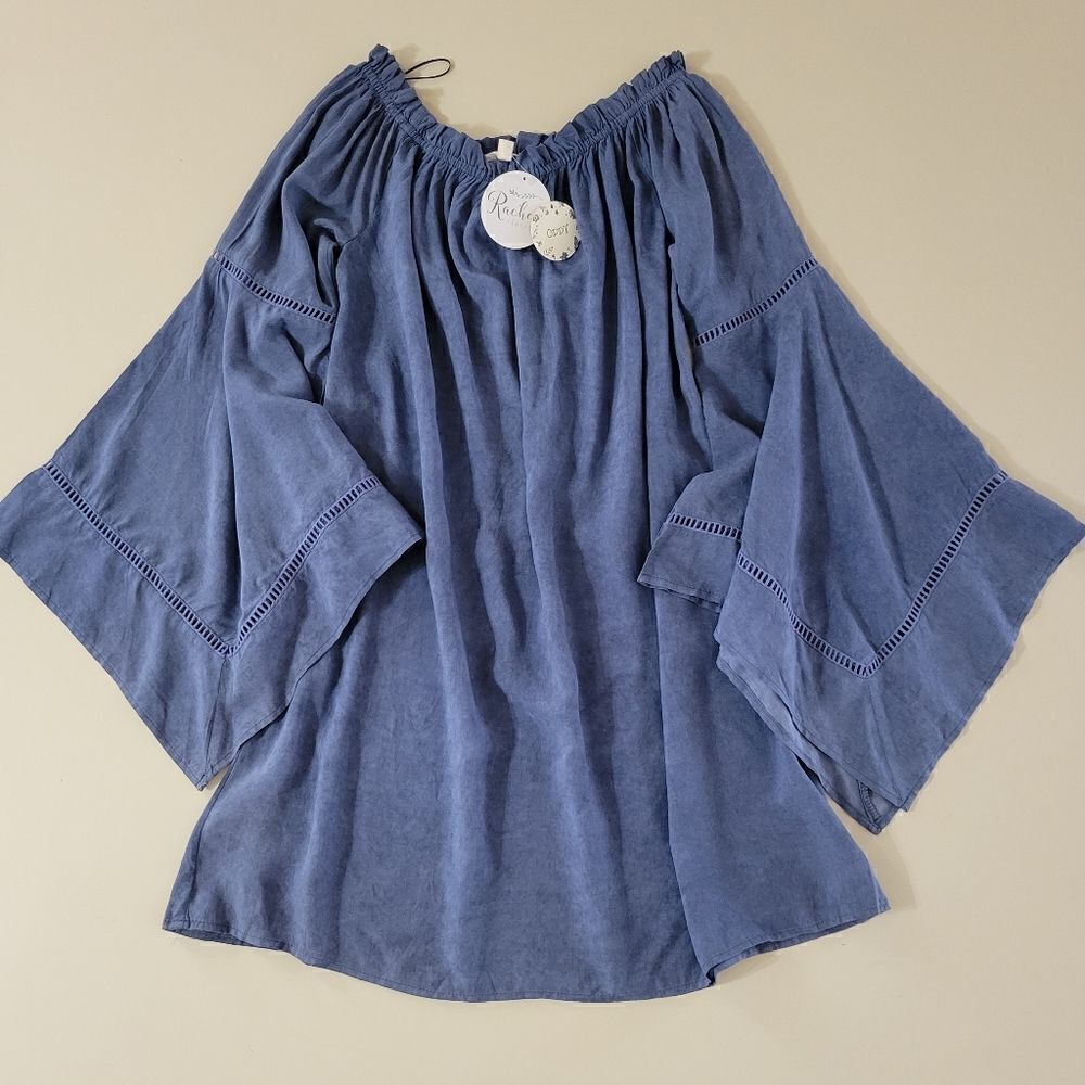 Oddy Women's Bell Sleeve Pheasant Close To Me Chambray Off-Shoulder Dress